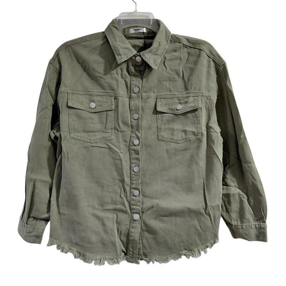 Zeagoo Olive Green Denim Shacket Jacket Frayed Hem Button Up Oversized XL - Picture 4 of 7